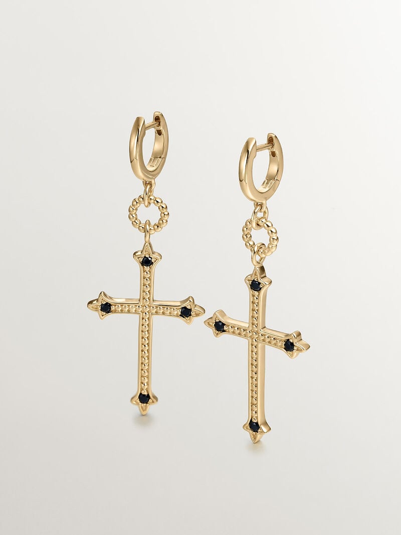 925 Silver hoop earrings bathed in 18K yellow gold with cross and black spinels image number 4