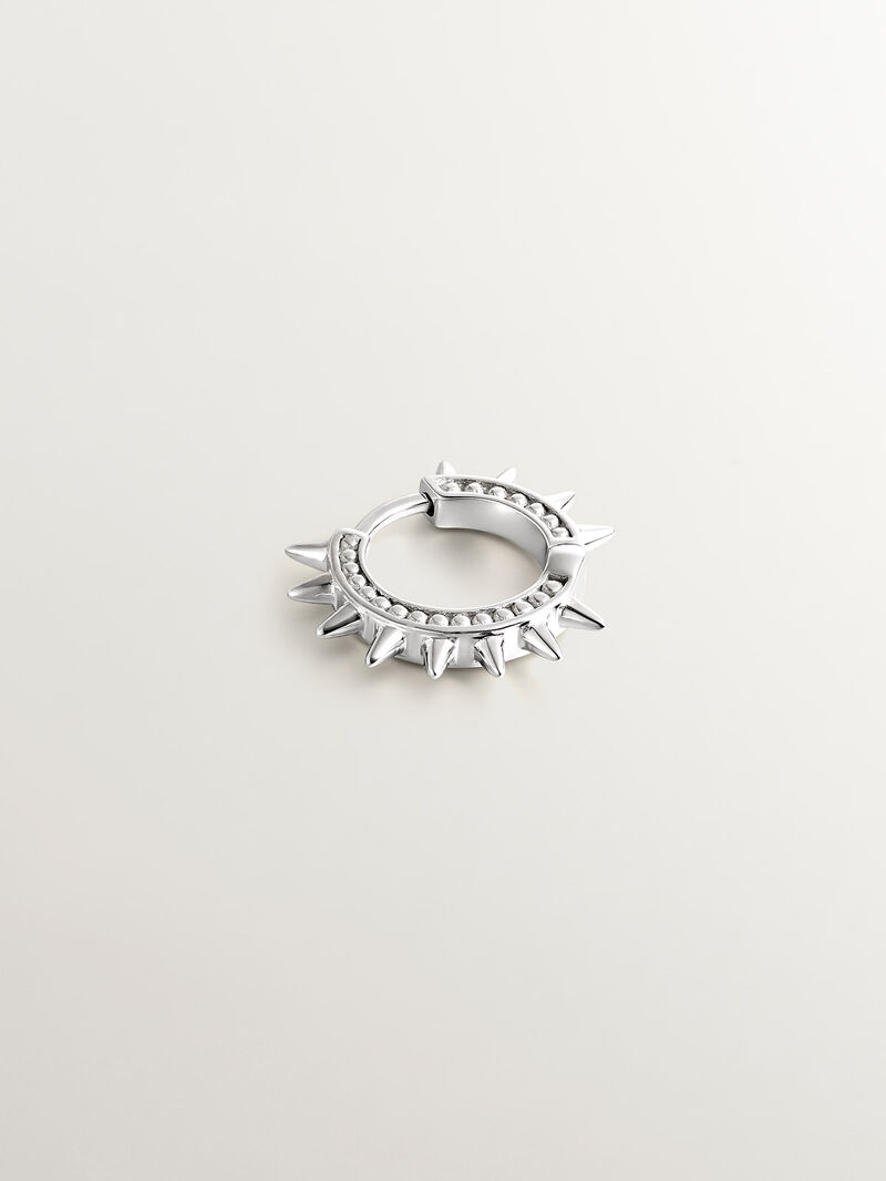 9K white gold single hoop earring with spikes and spheres. image number 2