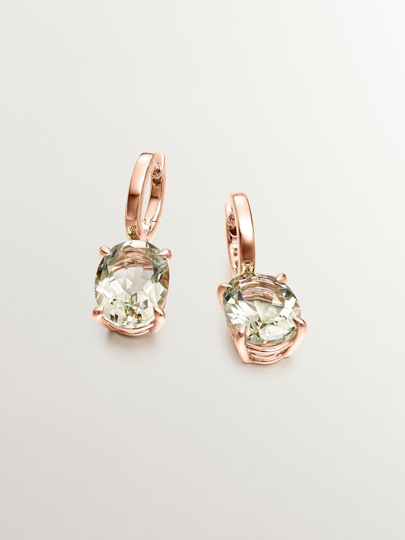Large hoop earrings made of 925 silver plated in 18K yellow gold with green quartz. image number 1