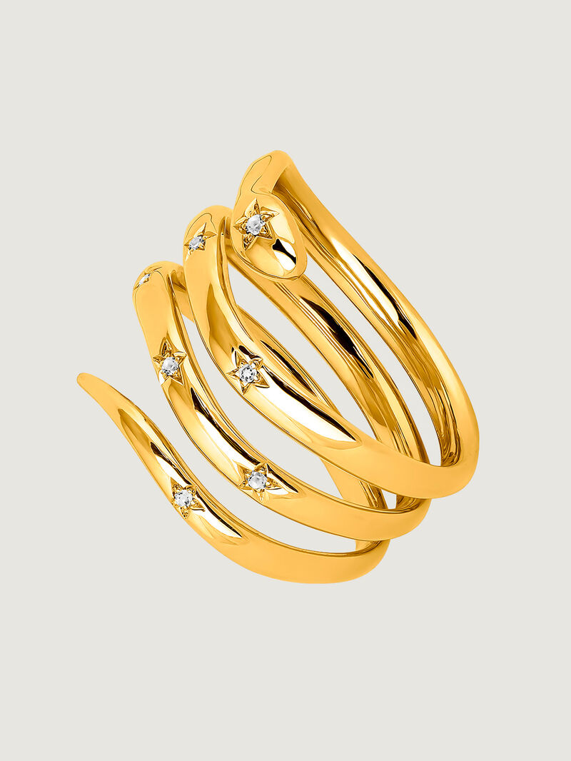 925 Silver triple ring bathed in 18K yellow gold with a snake shape and white topazes. image number 0