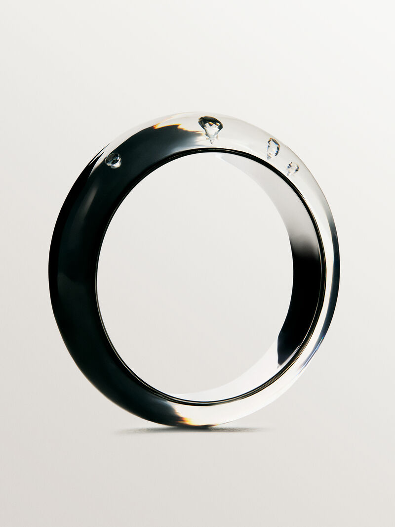 Rigid 925 silver bracelet with black enamel and zircons suspended in resin image number 4