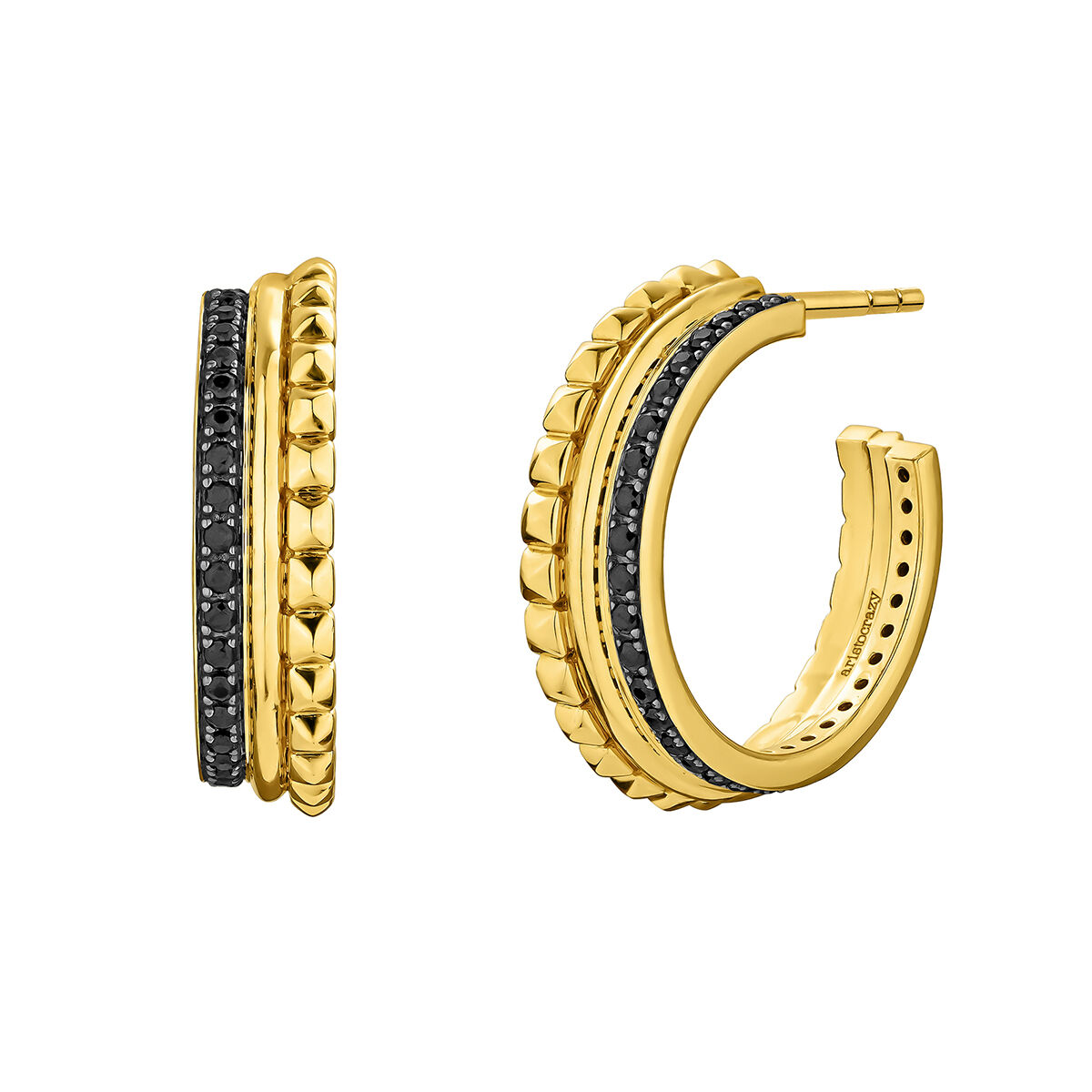 Medium hoop earrings in 18ct gold-plated silver with raised detail and black spinel gemstones, J04909-02-BSN, hi-res