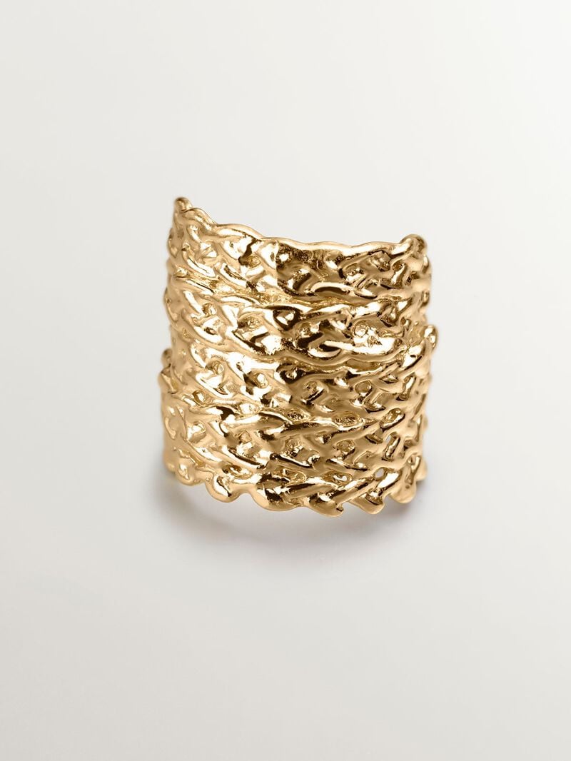 Wide 925 silver ring bathed in 18k yellow gold with wicker texture. image number 2