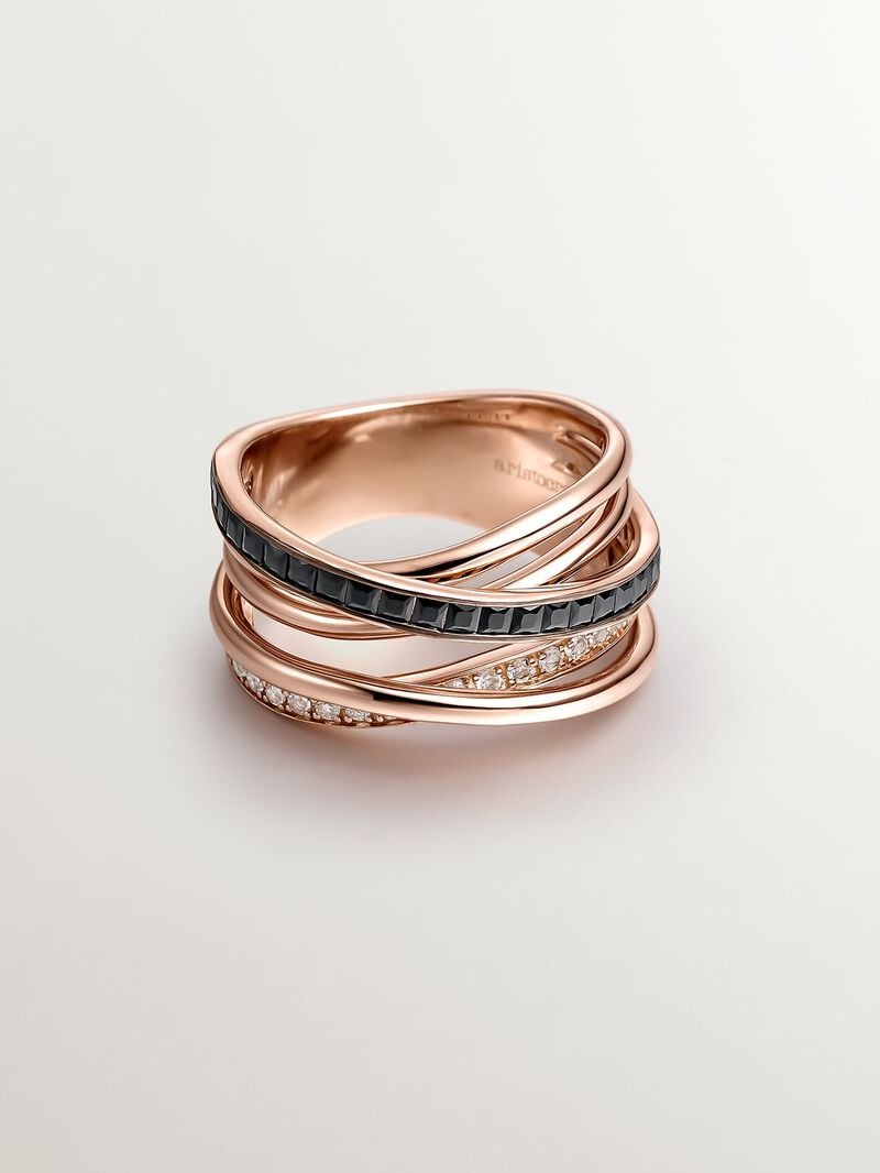 Multi-arm 925 silver ring bathed in 18K rose gold with white topaz and black spinel. image number 2