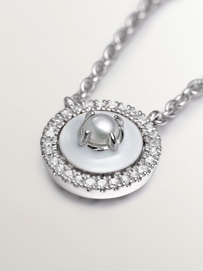 925 silver pendant and 18K white gold with white pearls, white diamonds and gray enamel image number 7