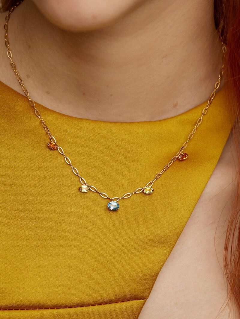 925 Silver necklace bathed in 18K yellow gold with Swiss blue topazes, green peridots and citrines. image number 1