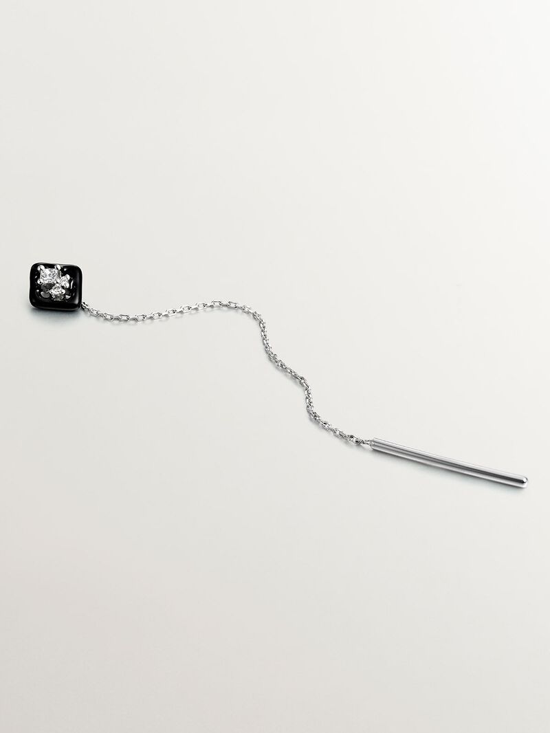 Individual earring of 18K white gold chain with diamonds and black enamel. image number 0