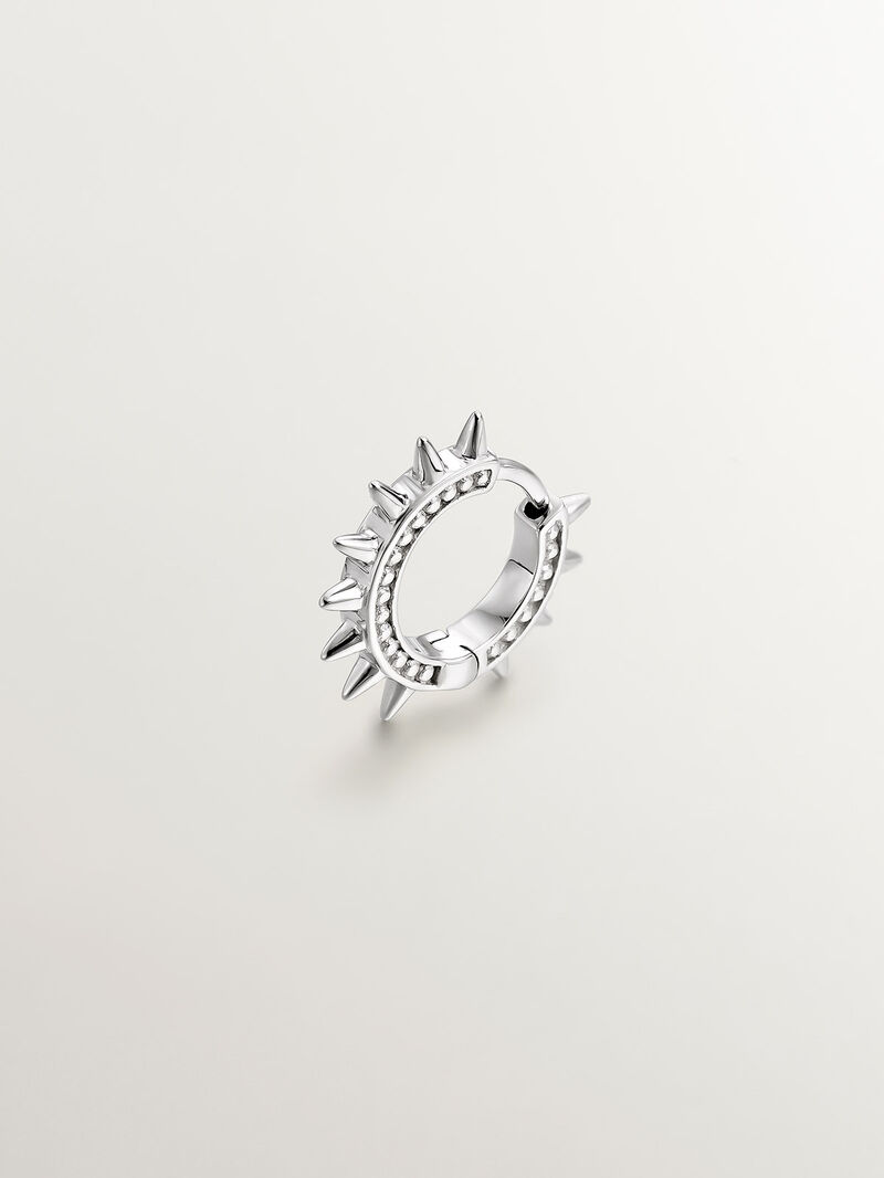 9K white gold single hoop earring with spikes and spheres. image number 0