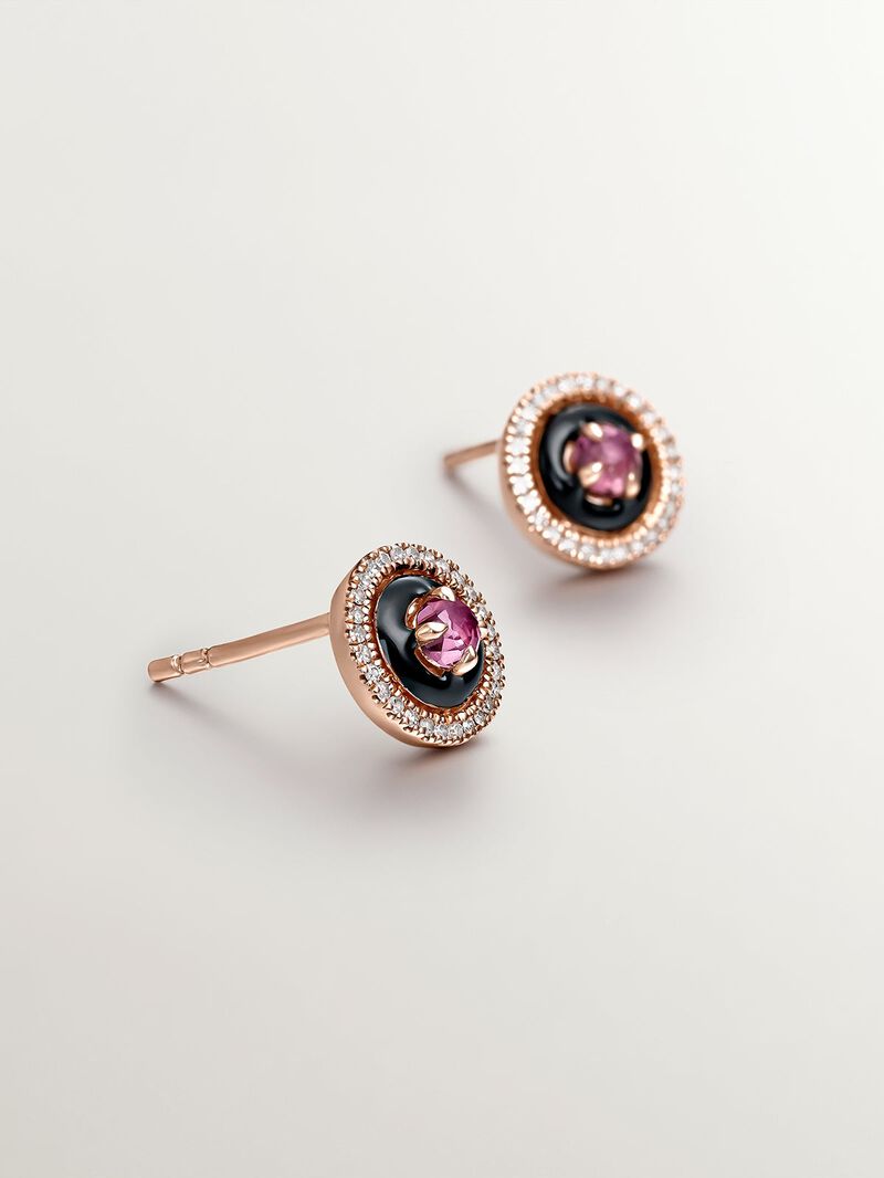 18K rose gold plated 925 silver earrings with diamonds, pink rhodolites and black enamel image number 4