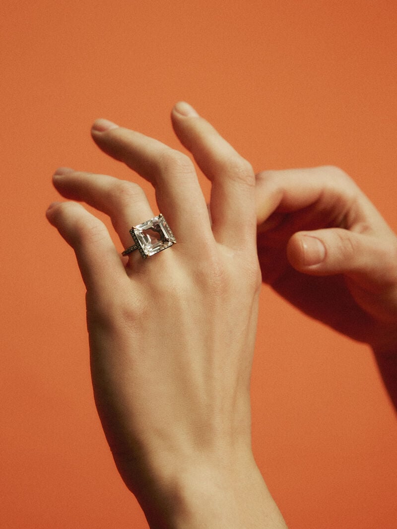 930 Silver ring with aged effect, white quartz, and white sapphires. image number 1