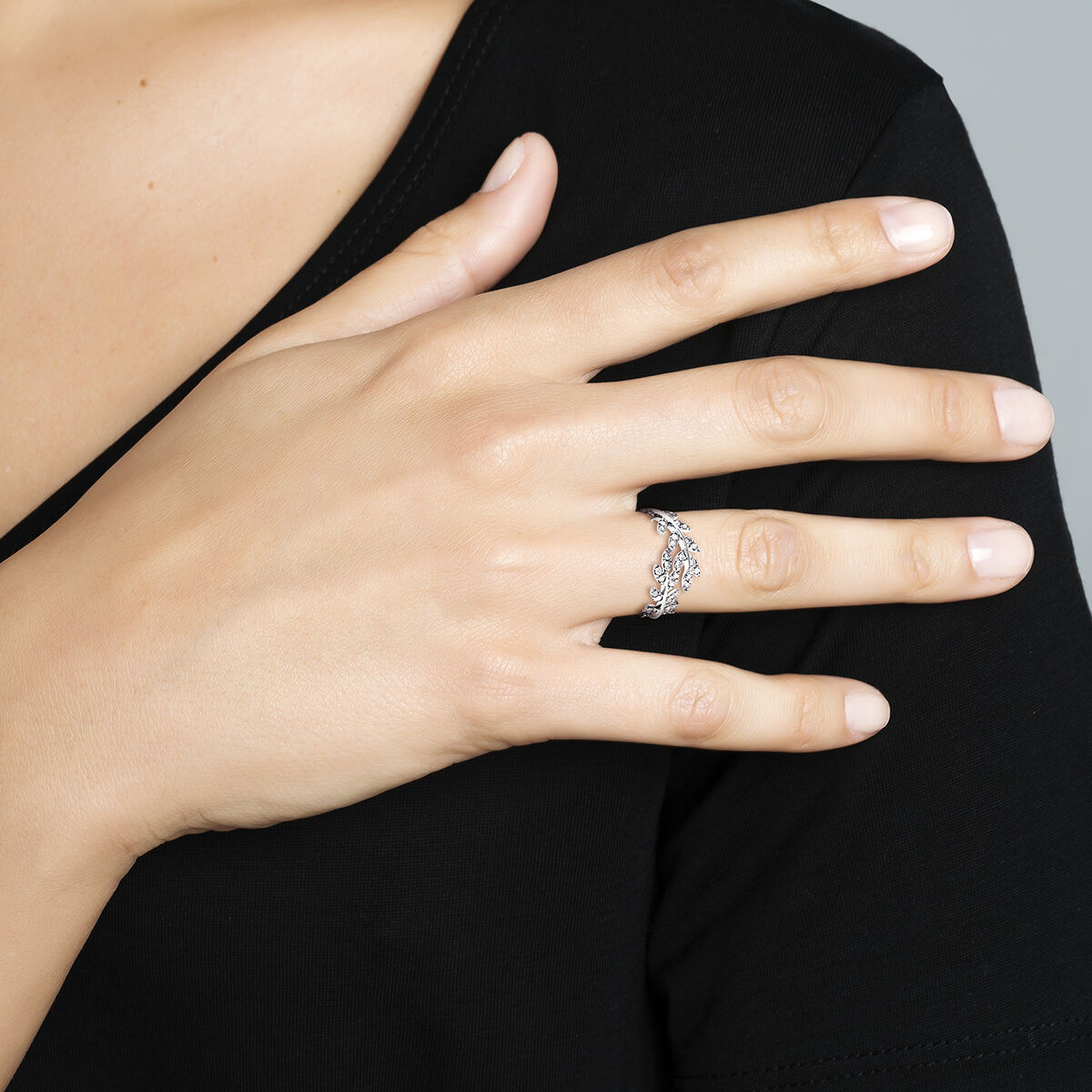 Anillo hojas pequeño diamantes plata , J03119-01-GD, hi-res