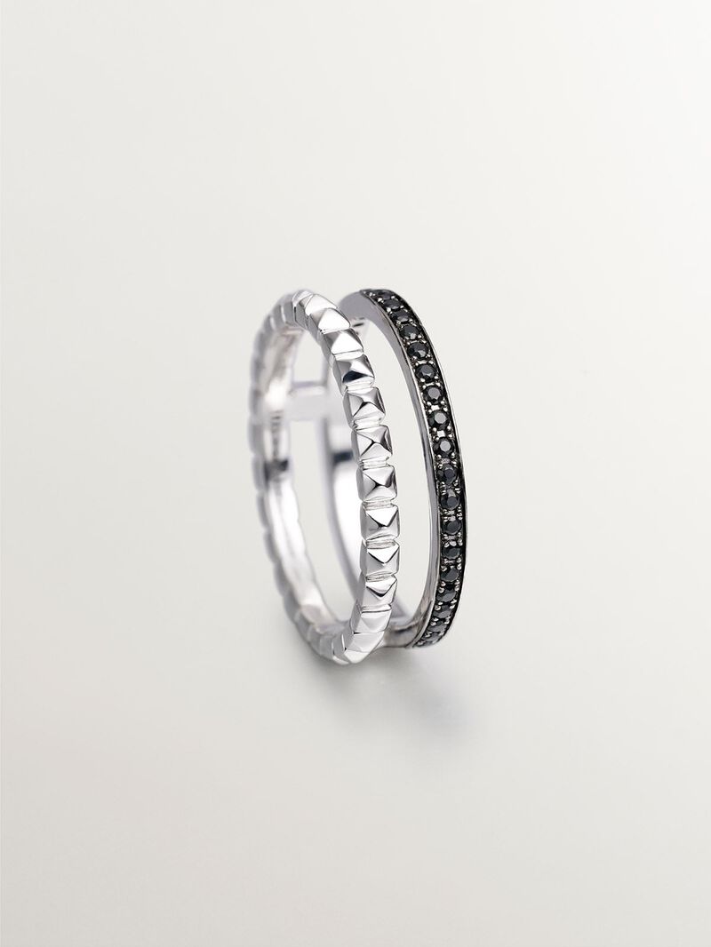 925 Silver double ring with embossing and black spinels. image number 4