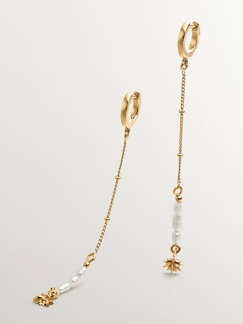 925 silver hoop earrings bathed in 18K yellow gold with pearl pendant and lotus flower. image number 2