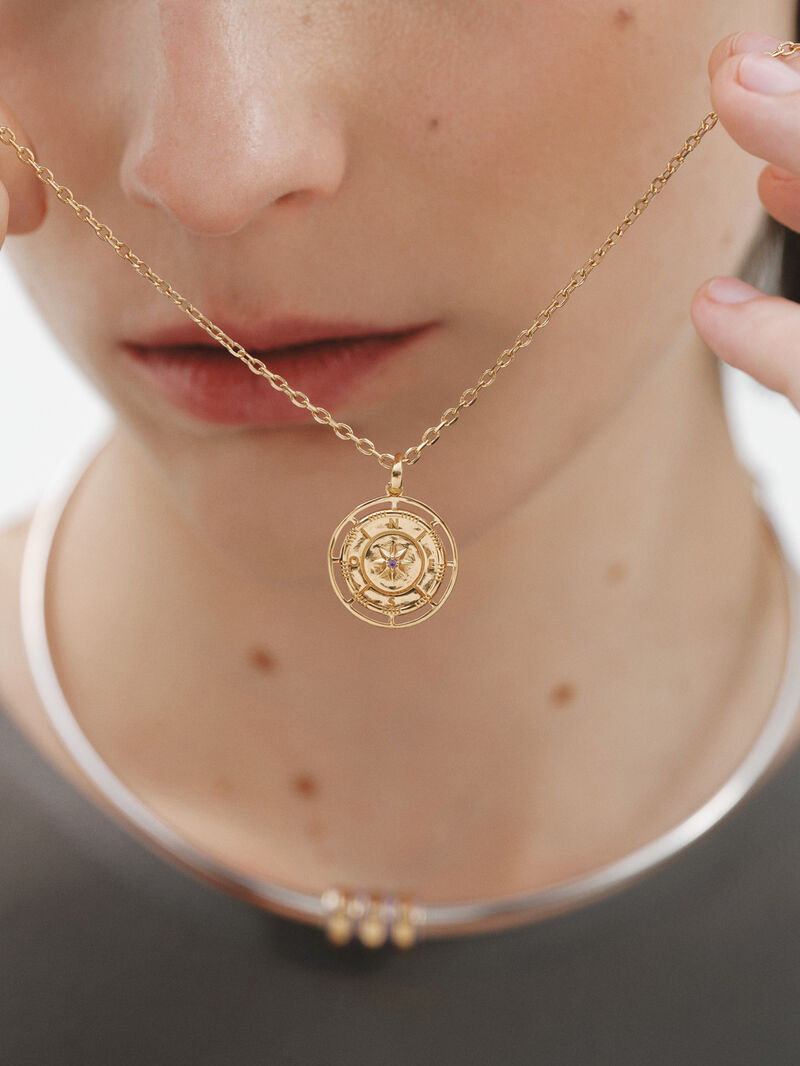 18K yellow gold plated 925 silver charm with purple amethyst and white topaz on a compass rose image number 4