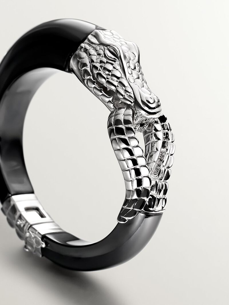 925 silver rigid bracelet and black crocodile -shaped image number 4