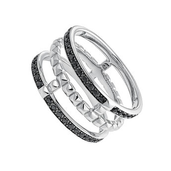 Silver triple ring with raised detail and black spinel gemstones , J04905-01-BSN,hi-res