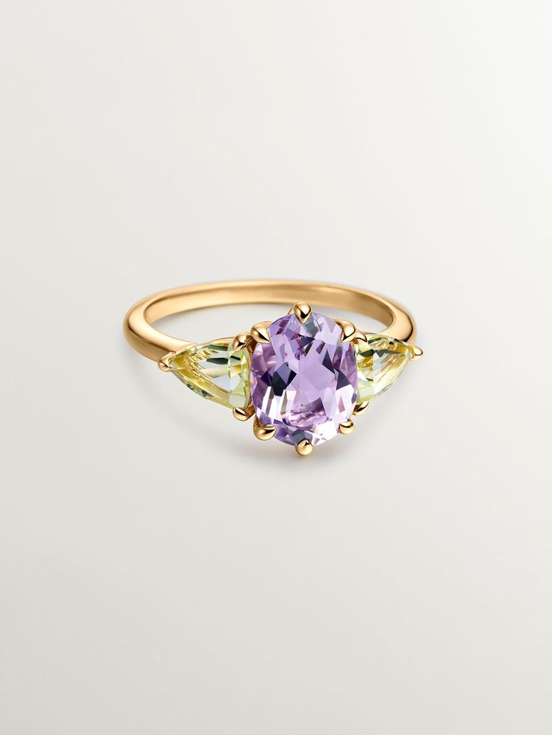 925 Silver trio ring bathed in 18K yellow gold with purple amethyst and yellow quartz. image number 2