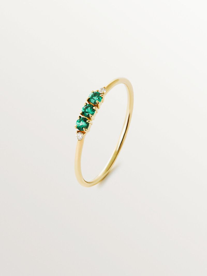 9K yellow gold ring with emeralds and diamonds image number 0