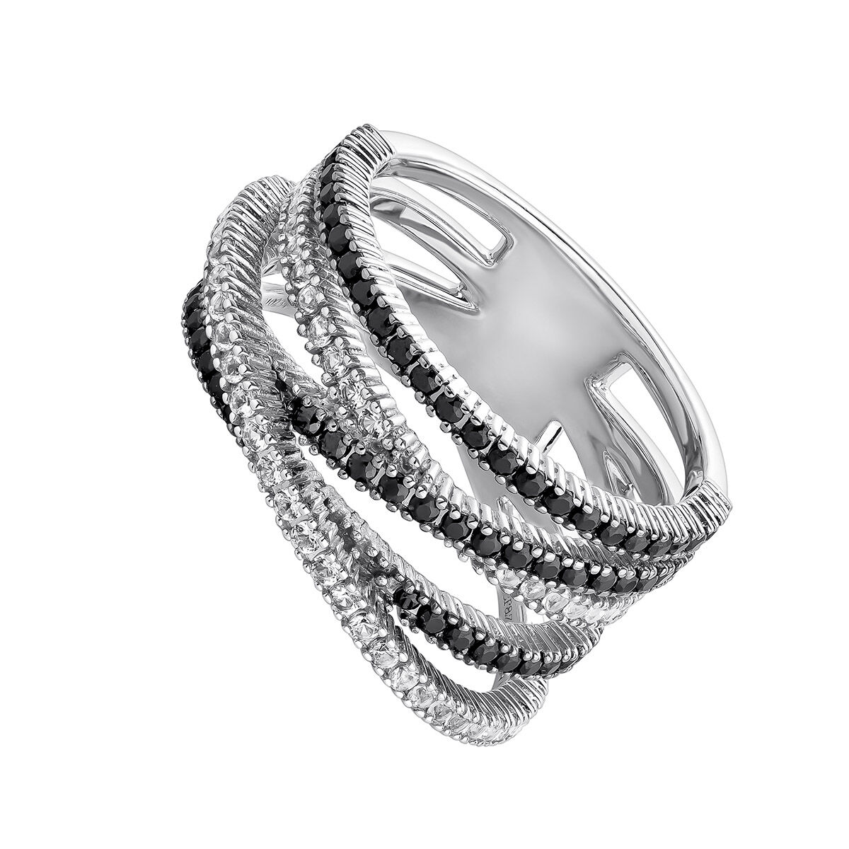 Multi-arm ring in silver with white topazes and black spinels, J04990-01-WT-BSN, hi-res