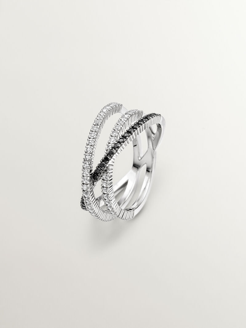 Triple crossed ring made of 925 silver plated in 18K yellow gold with white topazes and black spinels. image number 0