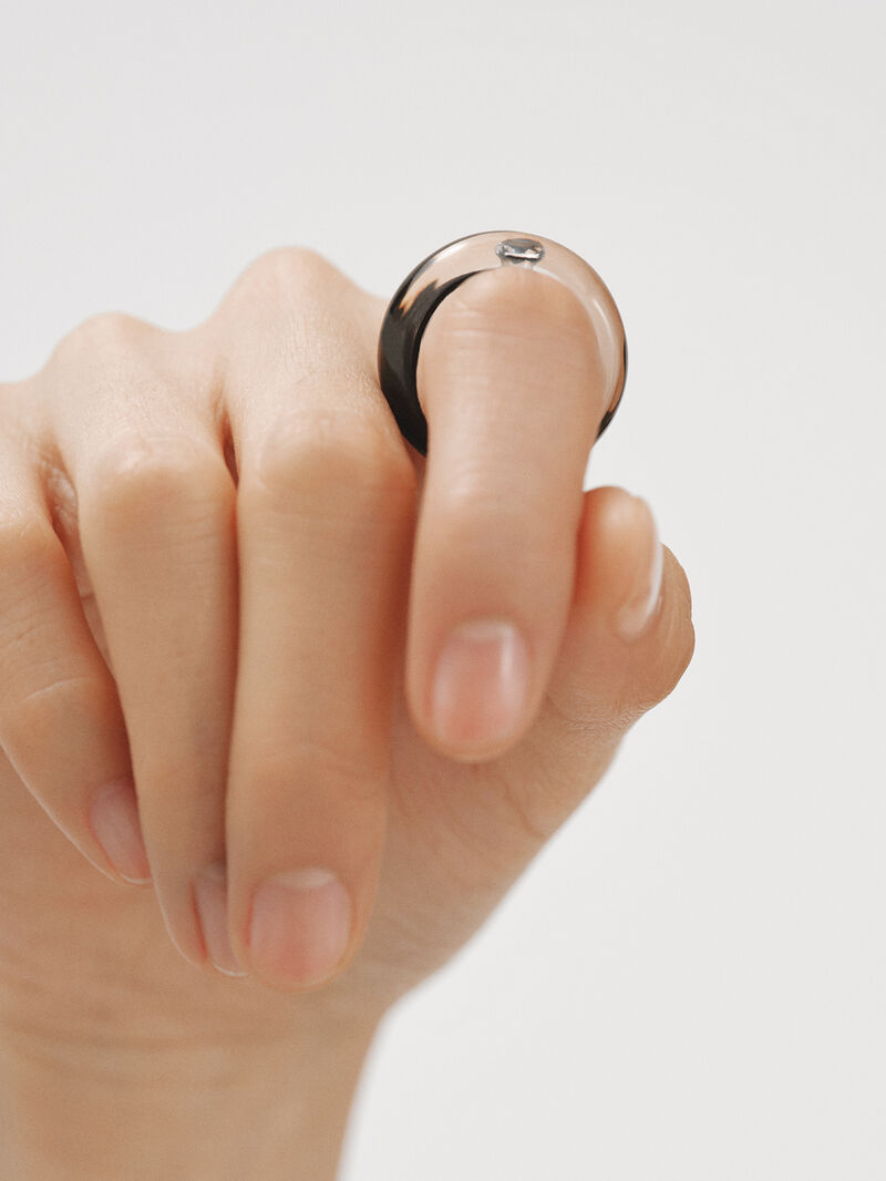 925 silver ring with black enamel and zircon suspended in resin image number 3