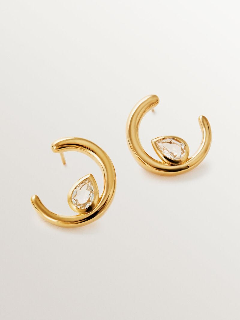 18K yellow gold plated 925 silver hoop earrings with 2 white topazes image number 0