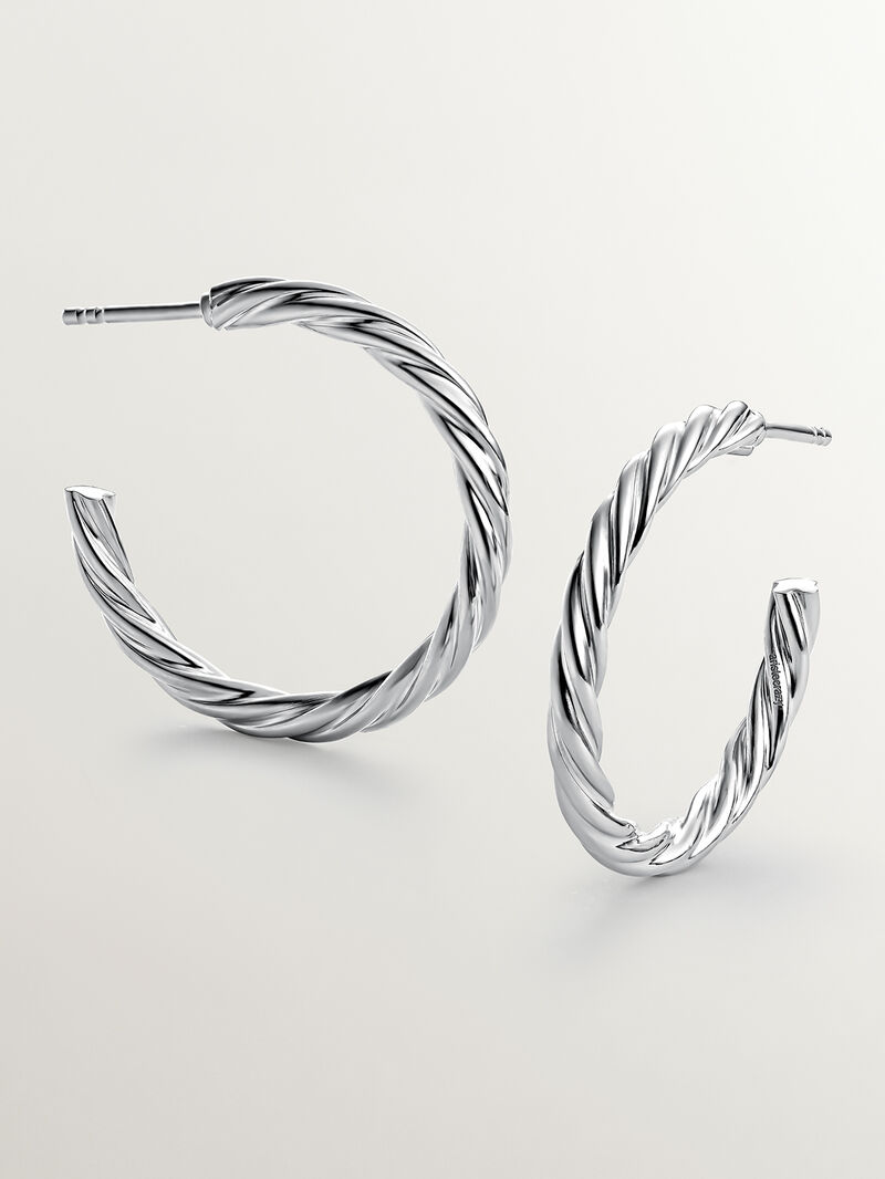 Large 925 sterling silver hoop earrings with fluted texture. image number 0