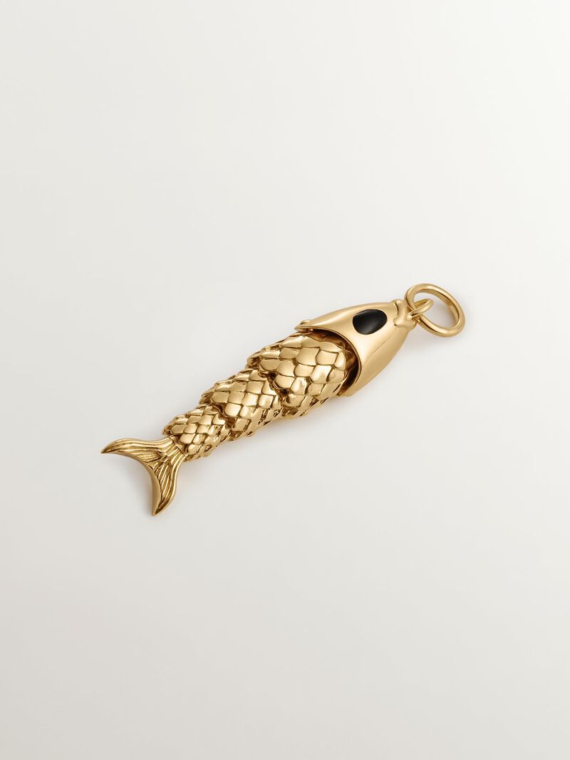 925 Silver charm bathed in 18K yellow gold with black enamel and fish shape. image number 0