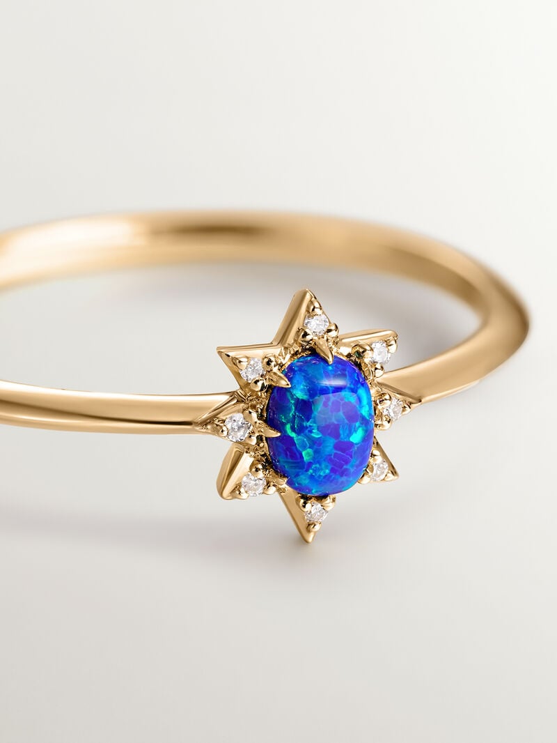 18K yellow gold ring with lab-grown blue opal and white diamonds. image number 6