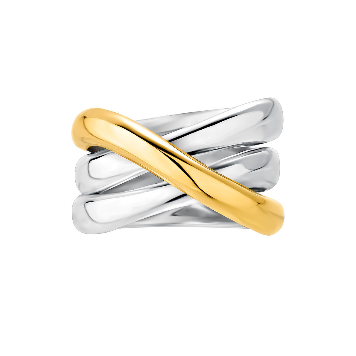 Wide two-colour triple crossover silver ring, J05228-09, hi-res