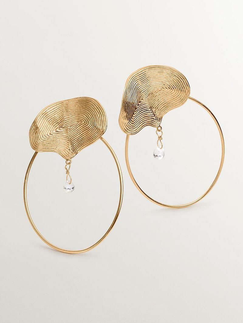 Large hoop earrings made of 925 silver, bathed in 18K yellow gold with embossing and white topaz. image number 4