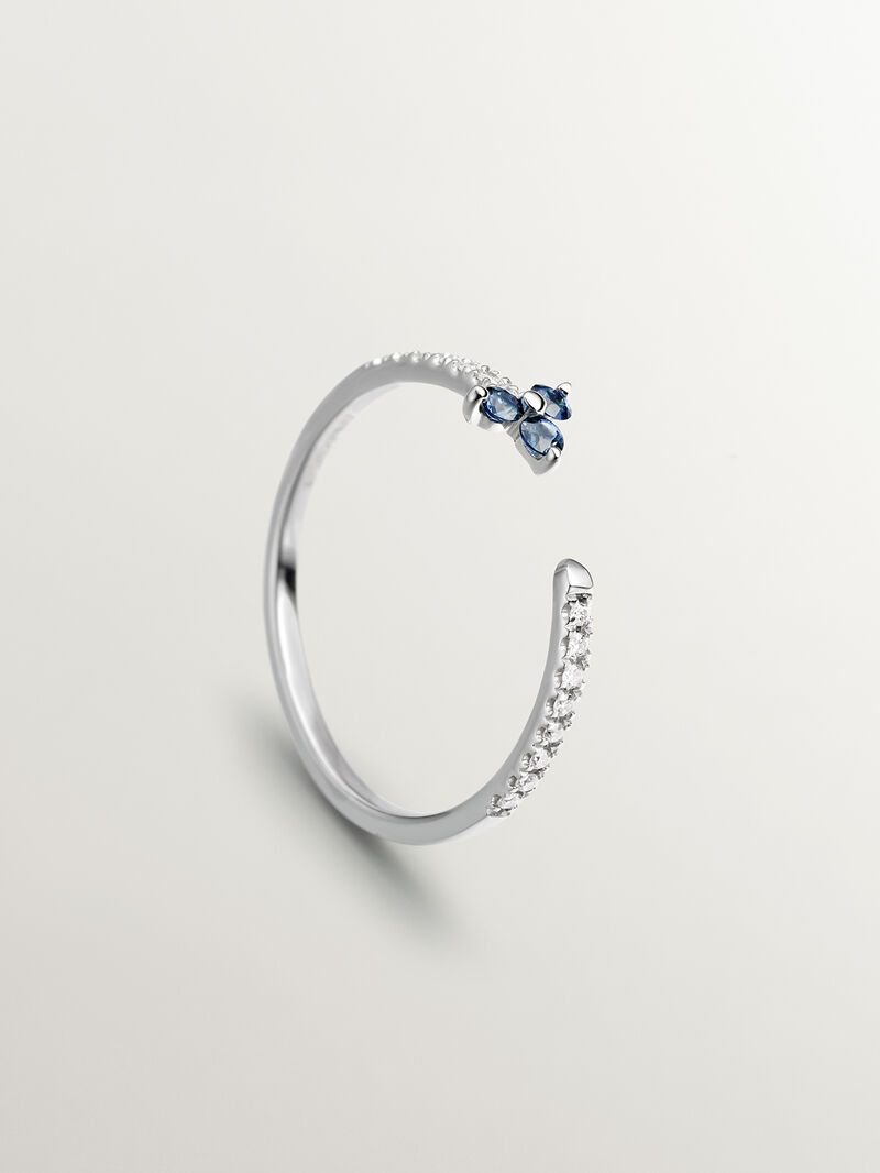 9K White Gold Ring with Diamonds and Blue Sapphire Clover image number 4