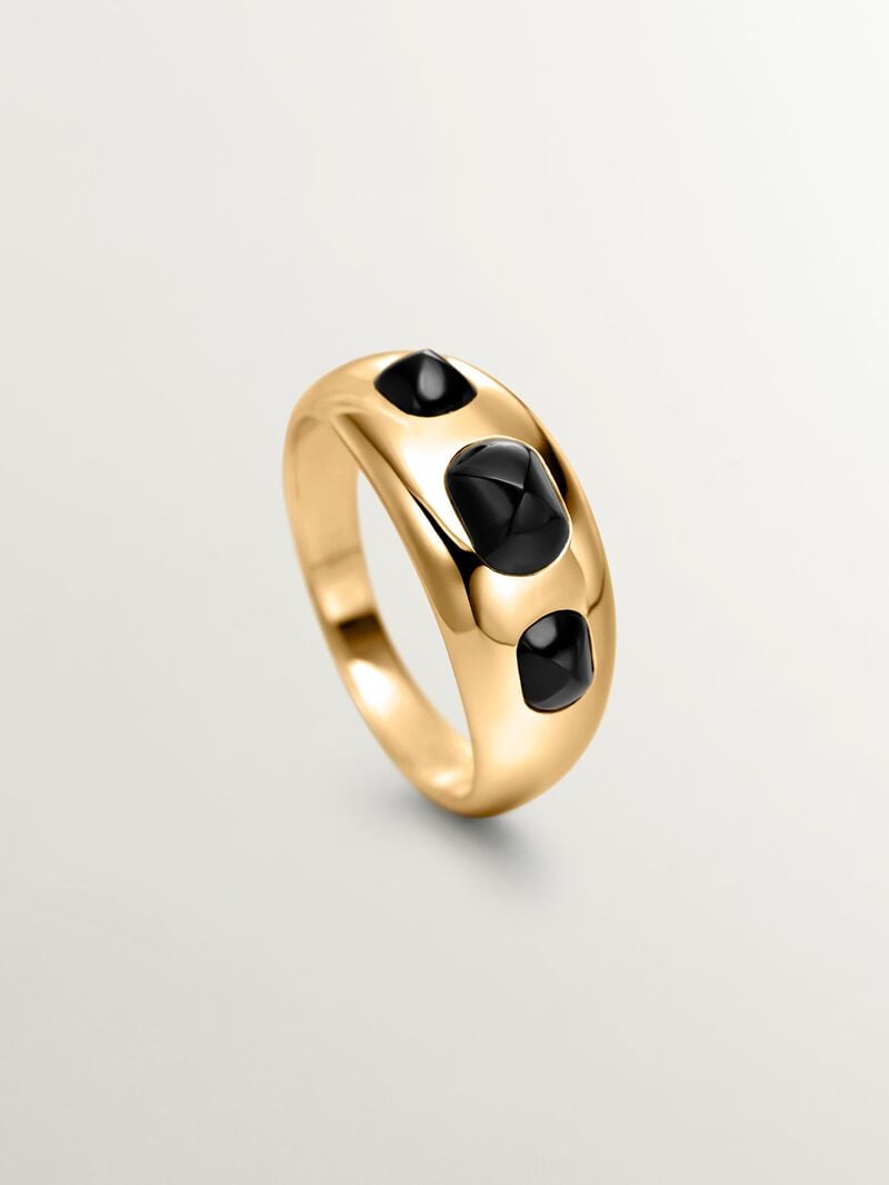 18K yellow gold plated 925 silver ring with black agates image number 5