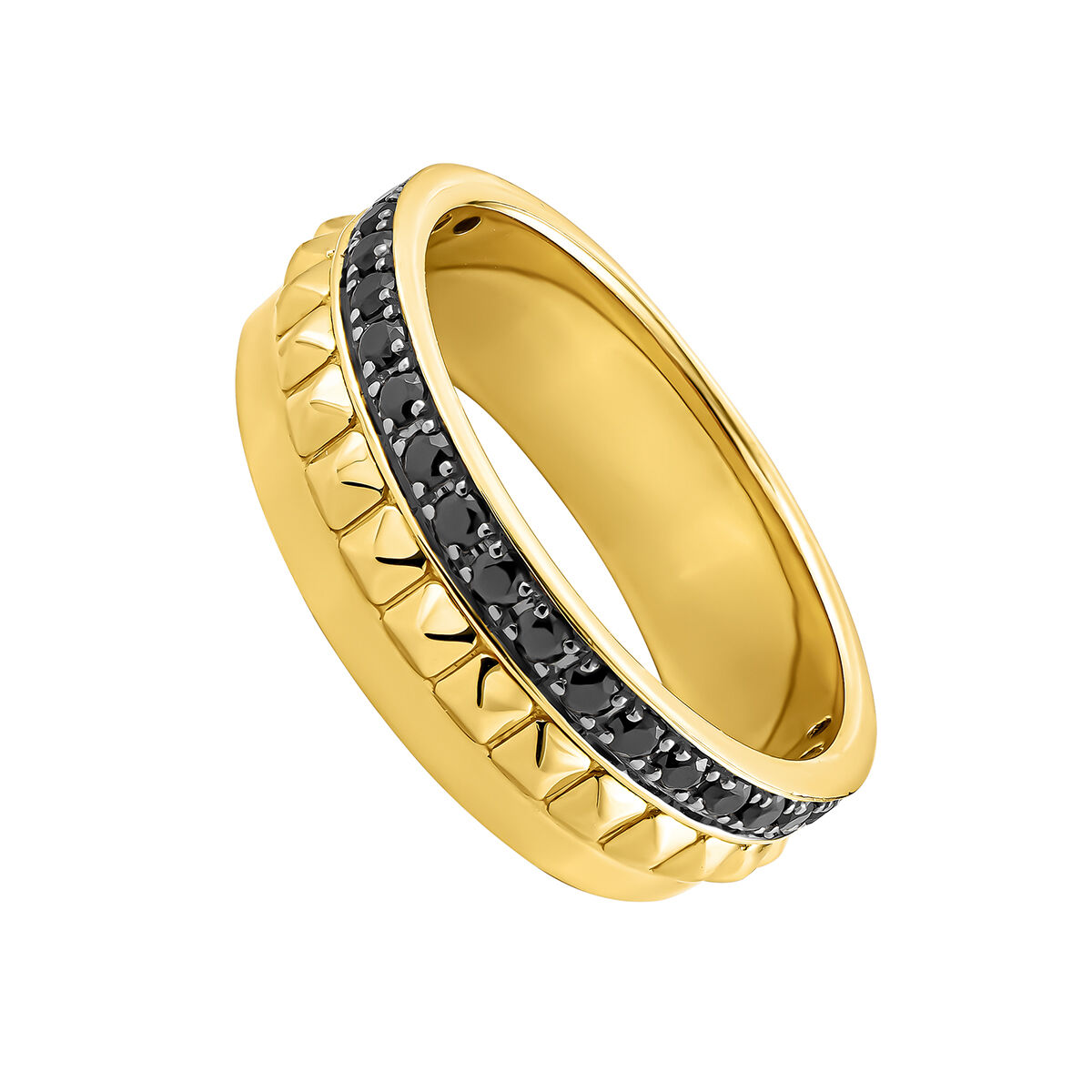 Ring in 18k yellow gold-plated silver with raised detail and black spinel gemstones , J04903-02-BSN, hi-res