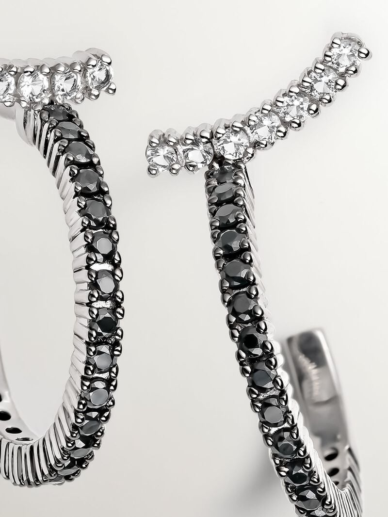 925 Silver hoop earrings with white topazes and black spinels. image number 4