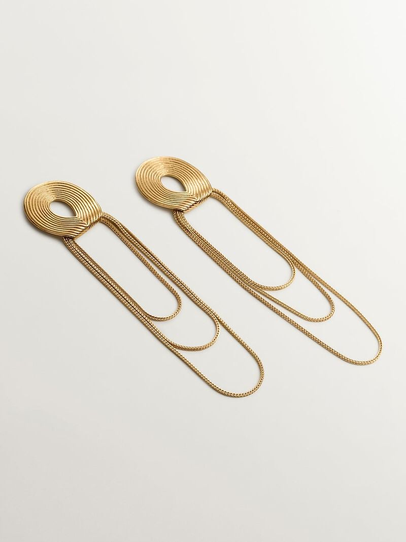Large 925 silver earrings bathed in 18K yellow gold with relief and chains image number 1