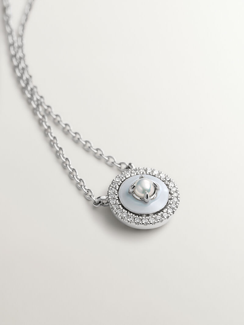 925 silver pendant and 18K white gold with white pearls, white diamonds and gray enamel image number 2