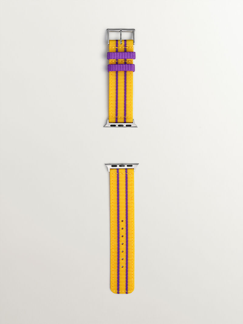 Nylon strap for Apple Watch with yellow and purple stripes. image number 6
