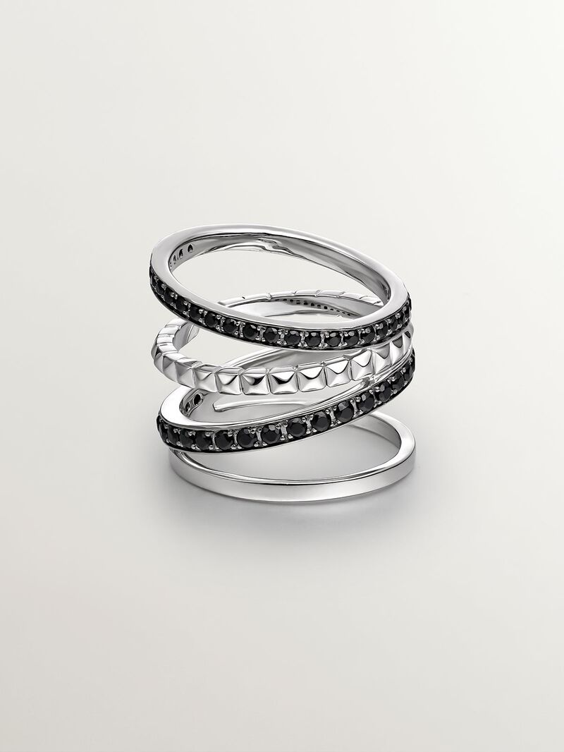 925 Silver Multi-Arm Ring coated with relief and black spinels. image number 2