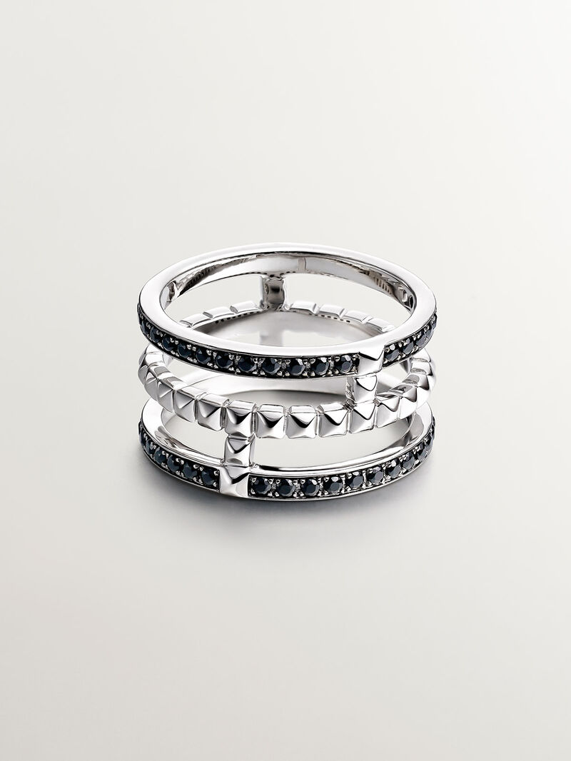 925 Silver triple ring with texture and black spinels image number 2