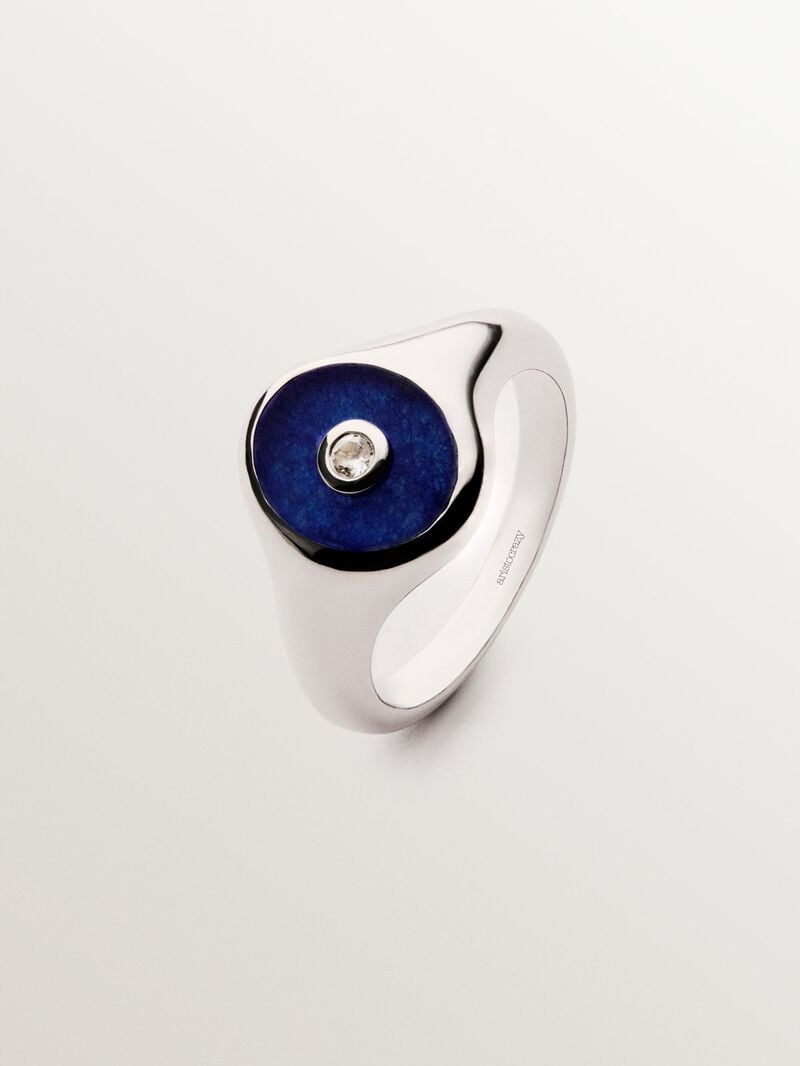 Signet style ring in rhodium-plated 925 silver with blue jade and brilliant-cut white quartz. image number 0