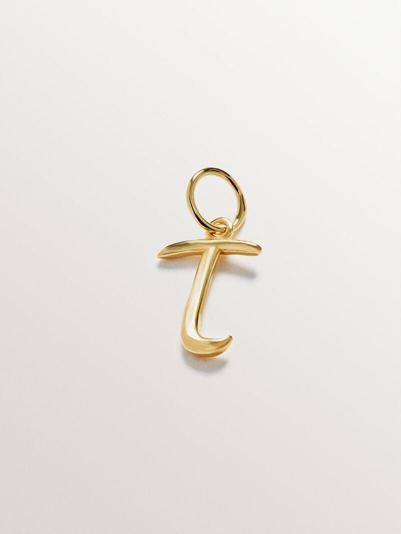 Charm made from 925 silver, gold-plated in 18K yellow gold, with initial T. image number 0