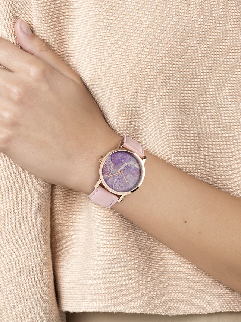 Watercolors watch with pink leather strap and multicolor marble effect dial image number 1