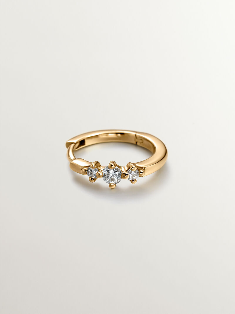 Individual small 18K yellow gold hoop earring with triple diamond. image number 4