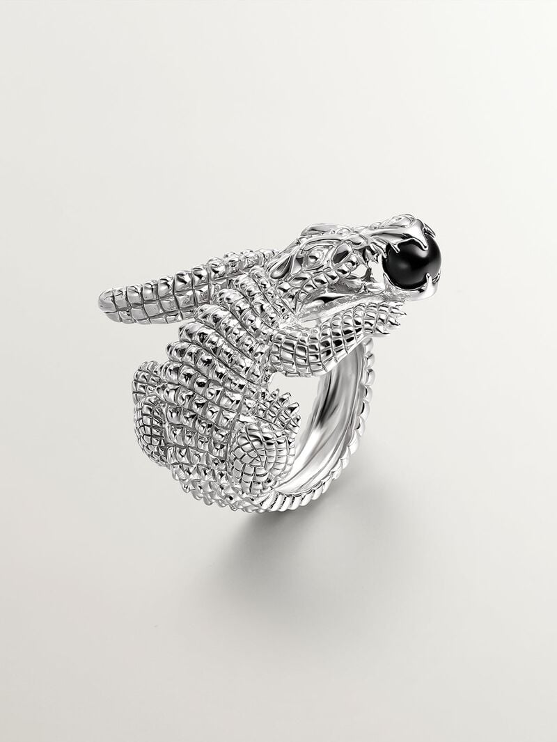 925 silver ring shaped like crocodile and black ónix image number 0