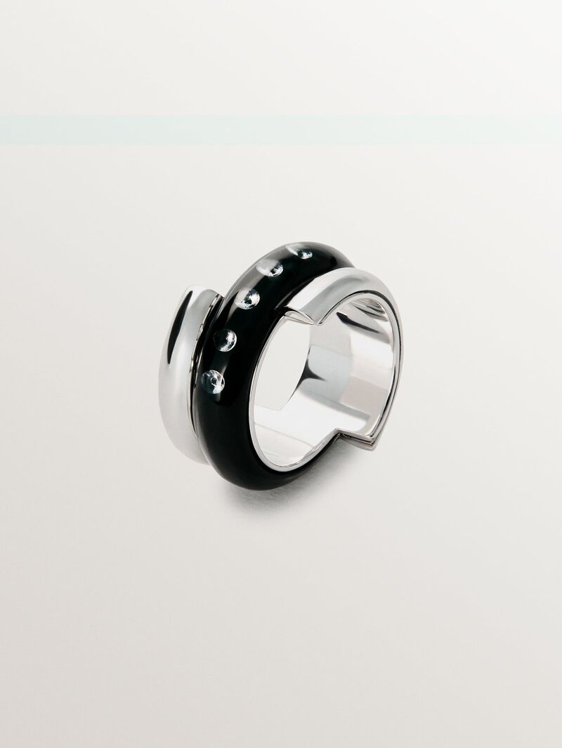 925 silver ring with black enamel and zircons suspended in resin image number 0