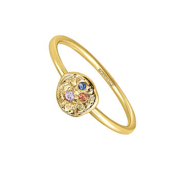 Ring in 18k gold-plated silver with raised detail and multicoloured sapphires, J05080-02-MULTI,hi-res