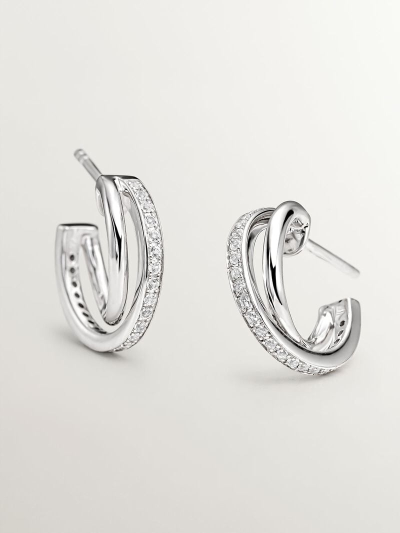 925 Silver double hoop earrings with white topaz. image number 7