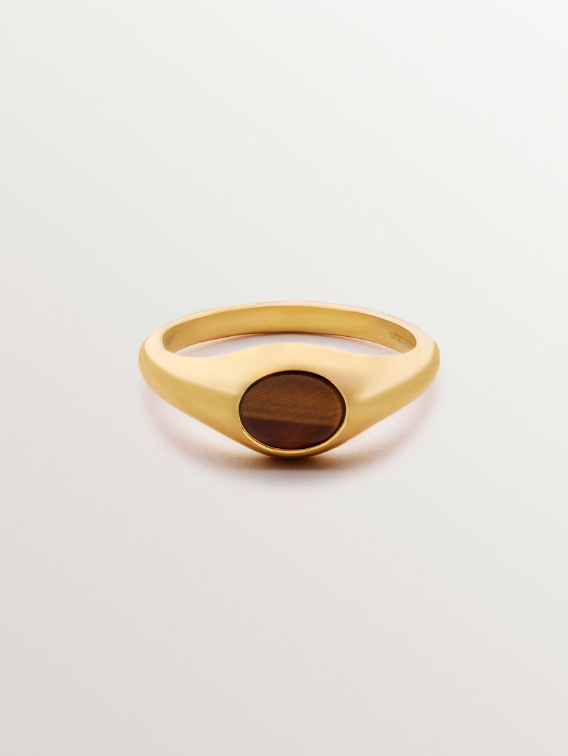 18K yellow gold plated 925 silver signet style ring with central tiger's eye. image number 2