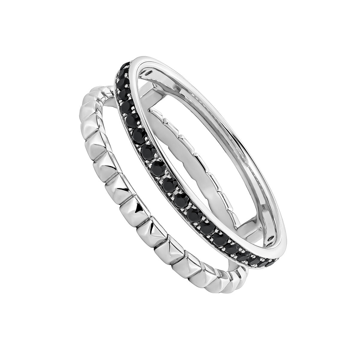 Silver double ring with raised detail and black spinel gemstones, J04902-01-BSN, hi-res